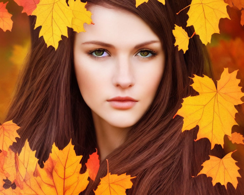 Woman with Long Brown Hair and Green Eyes in Autumn Setting