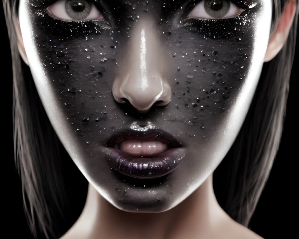 Glittery black makeup on eyes and cheekbones with glossy lips on a person against a dark background