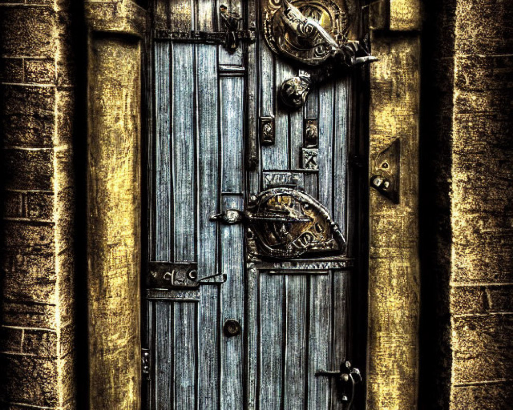 Weathered Wooden Door with Iron Details in Stone Archway