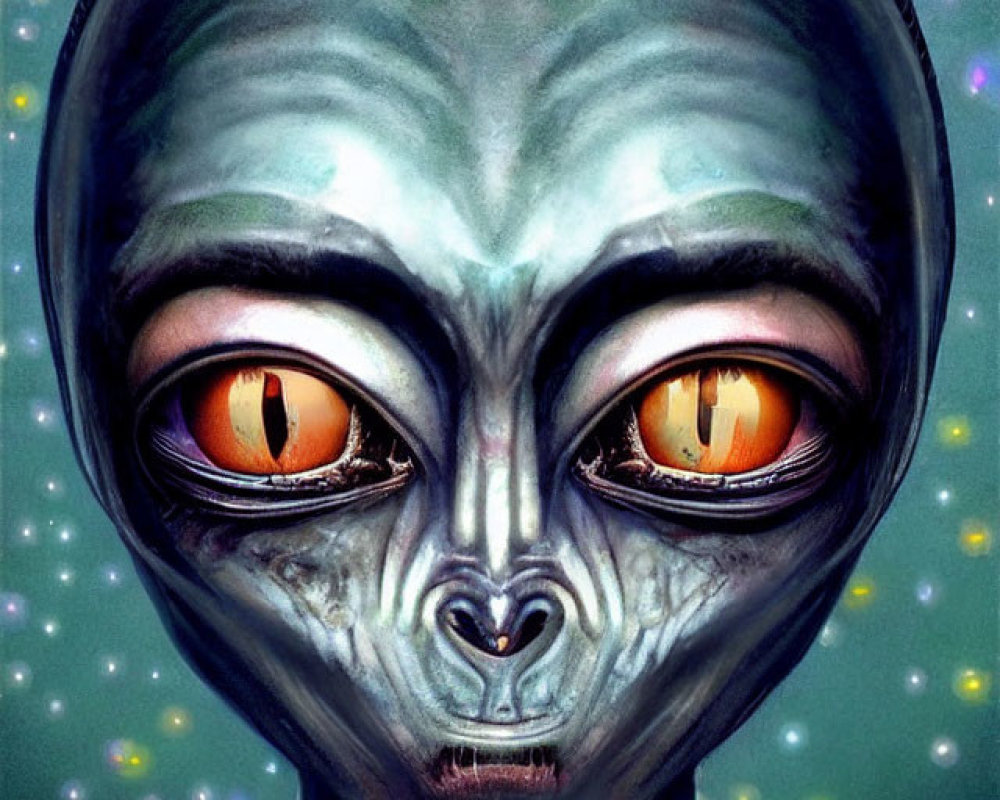 Alien illustration with large orange eyes and grey skin