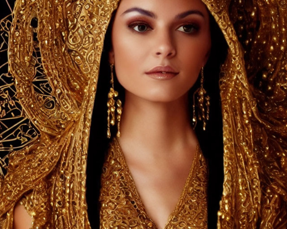 Intricate golden headpiece and jewelry on woman against dark background