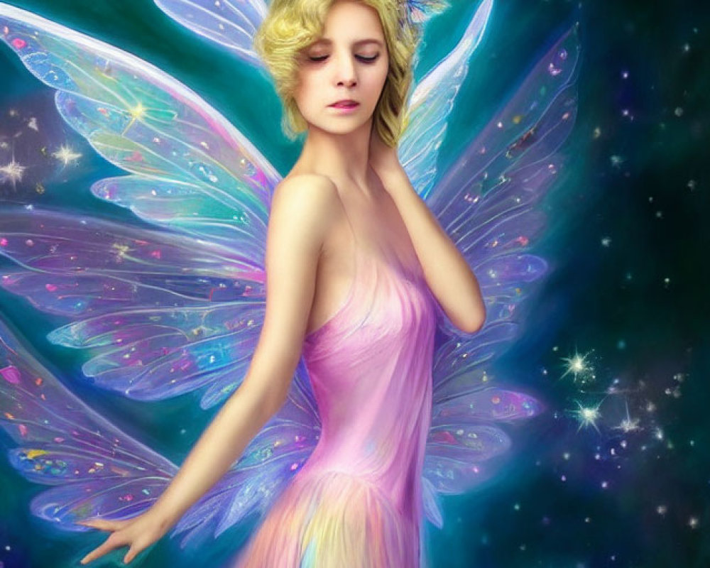 Luminous fairy with pastel dress in starry setting