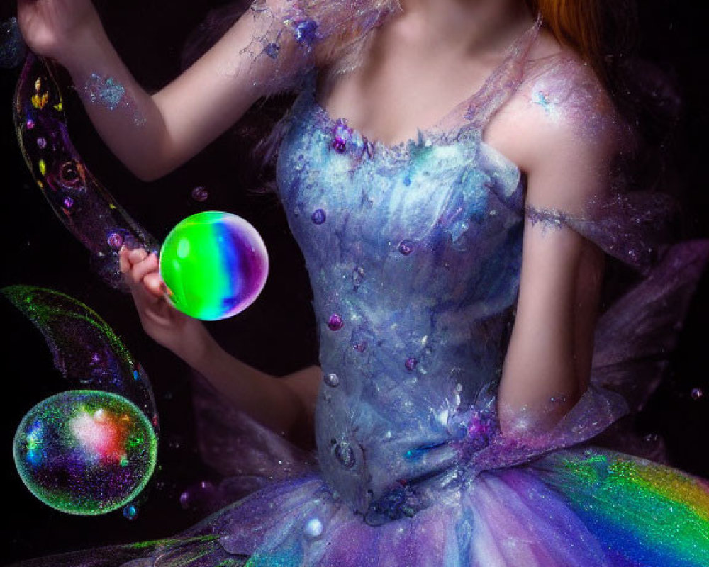 Iridescent fairy with glowing orb in colorful mist