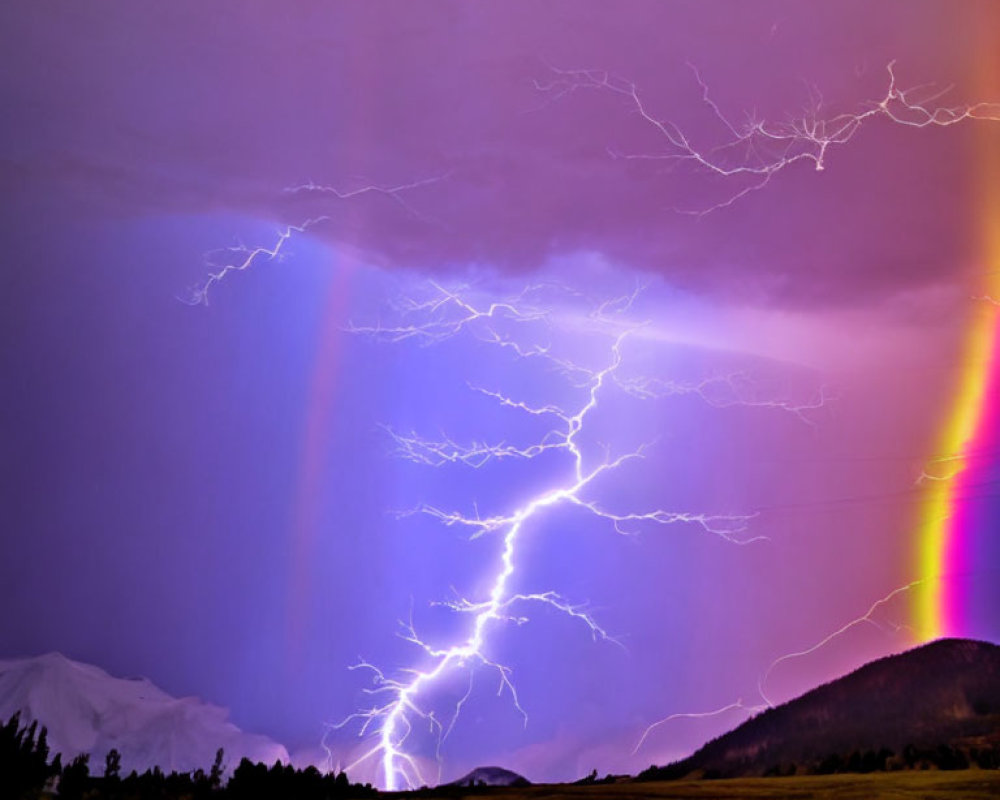 Vibrant rainbow intersects lightning bolts in twilight sky