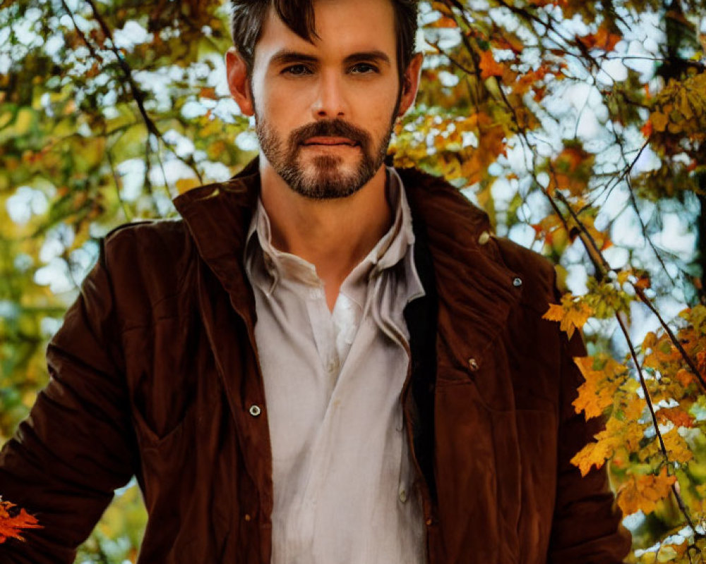 Man in Brown Jacket and White Shirt Standing Among Autumn Leaves