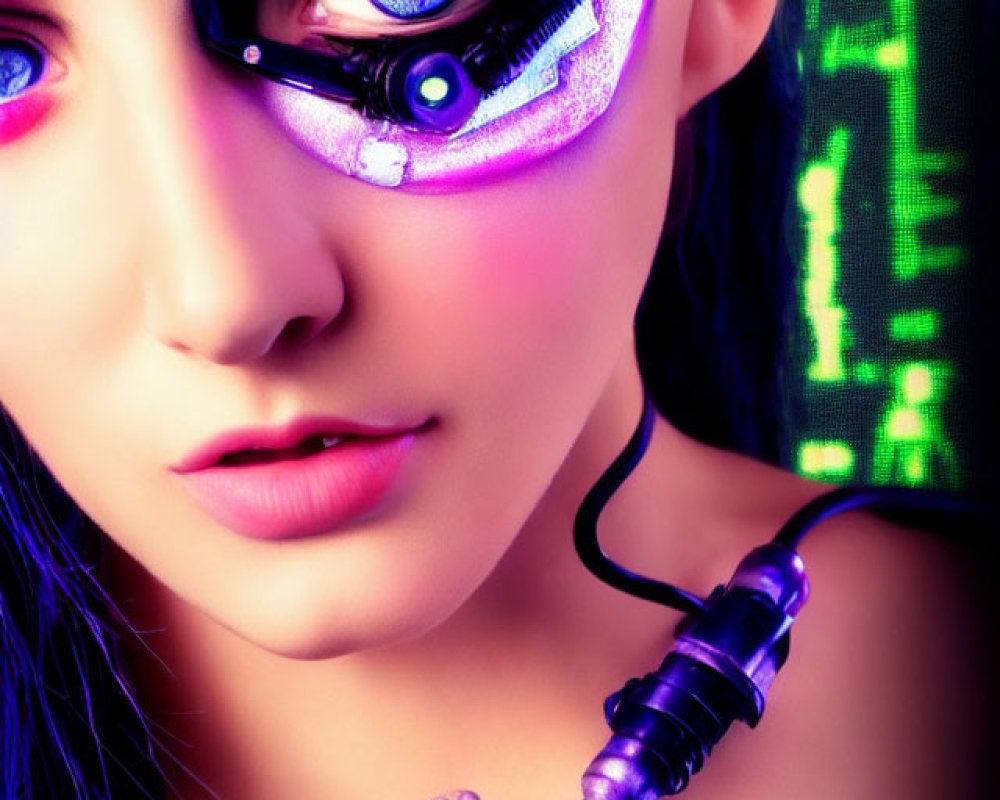 Futuristic woman with cybernetic eye makeup and monocle in green digital code landscape