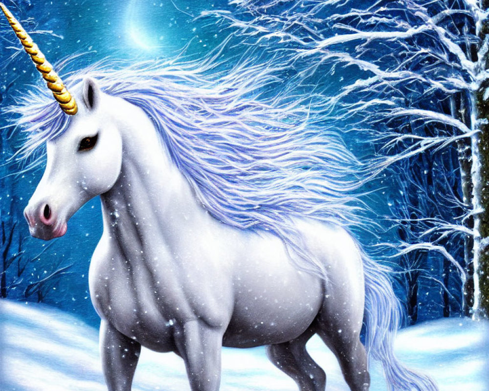 White Unicorn with Golden Horn in Snowy Landscape