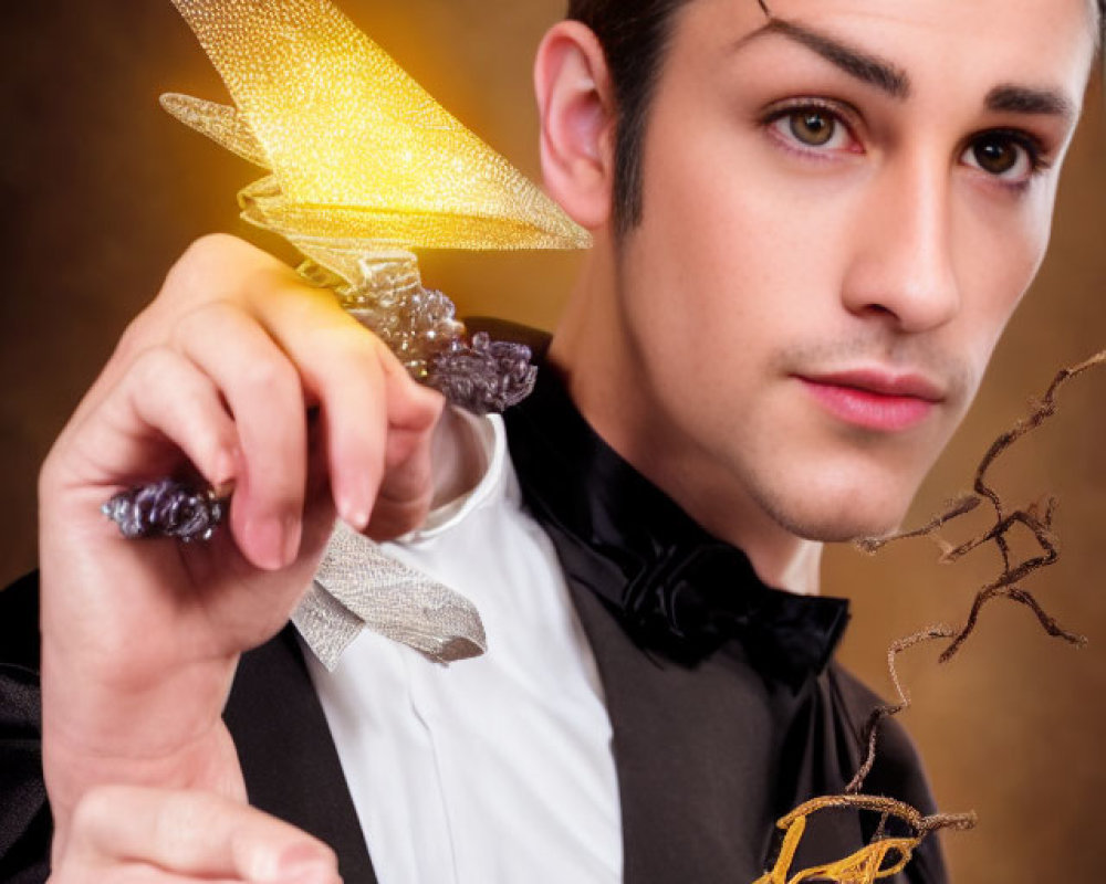 Man in Tuxedo Holding Glowing Dragonfly Object