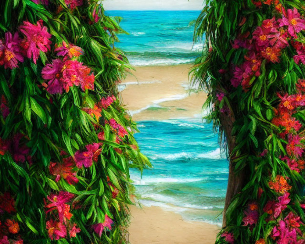 Green Foliage and Pink Flowers Frame Beach Gateway