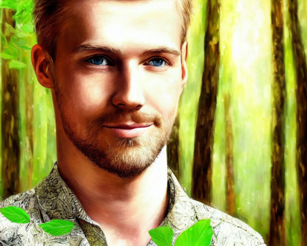 Digital portrait of young man with beard and styled hair against forest backdrop.