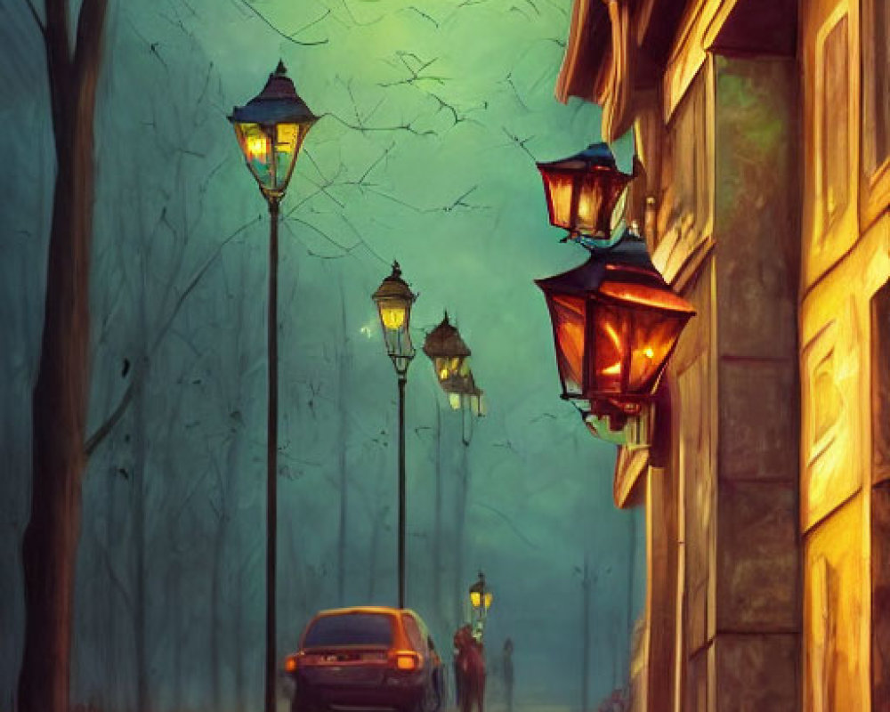 Misty Nocturnal Street Scene with Glowing Lamps and Silhouette