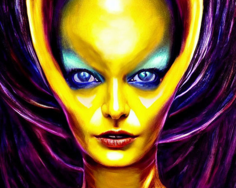 Colorful humanoid portrait with elongated yellow head and swirling aura.