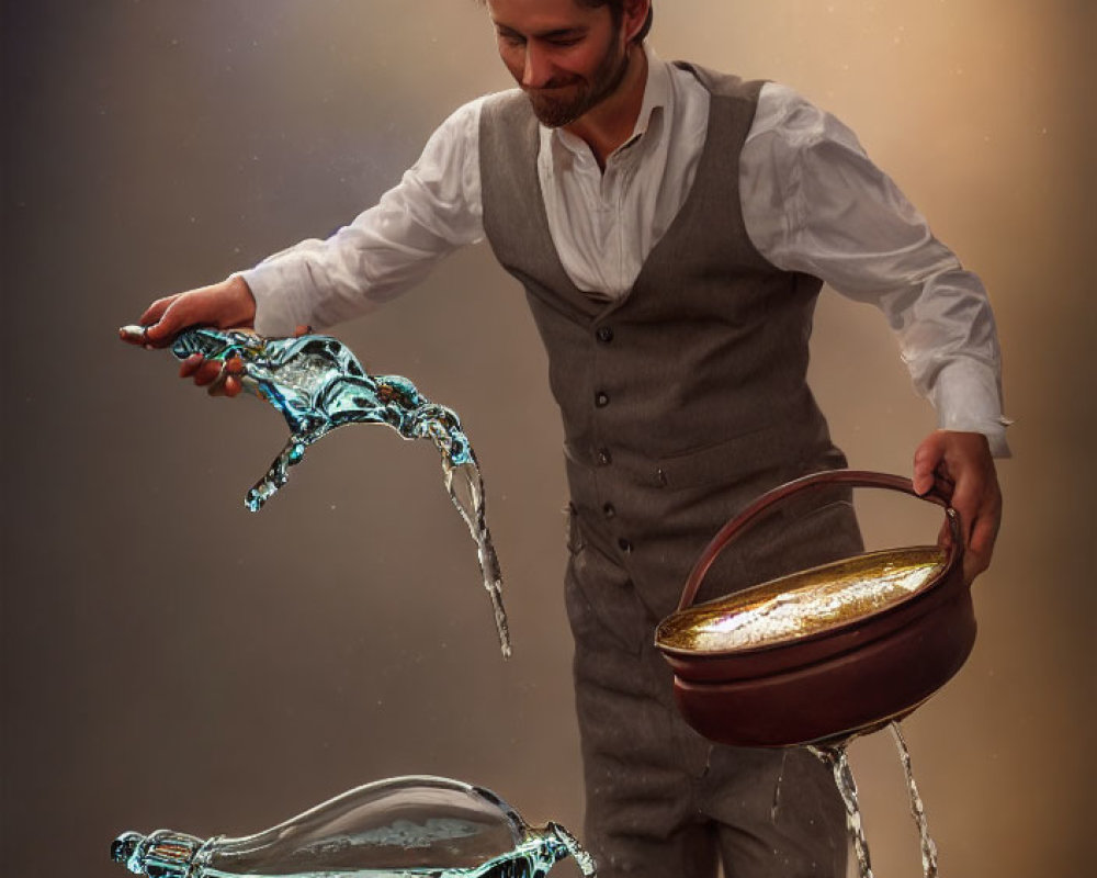 Man in vintage attire pouring liquid gold and controlling floating glass bottle