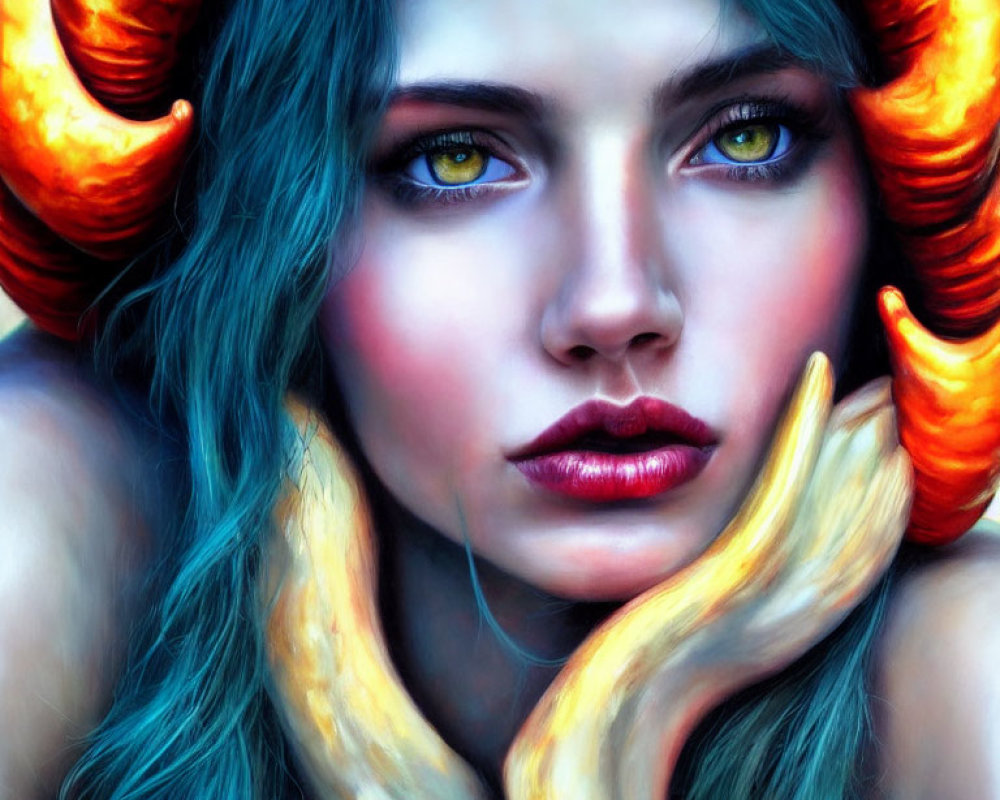 Fantasy portrait: woman with blue hair, yellow eyes, orange and yellow ram horns