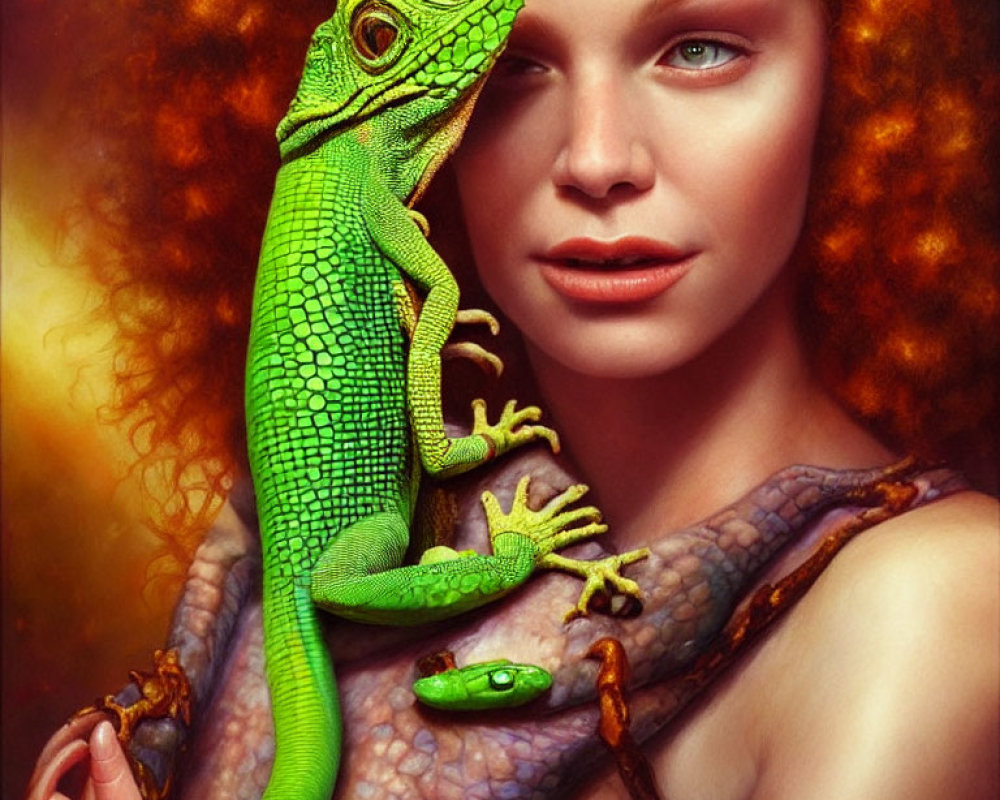 Red-haired woman holding green lizard on warm background