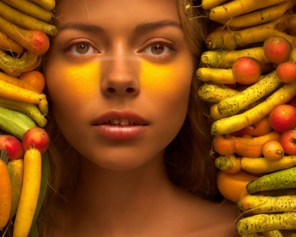 Woman surrounded by vibrant fruits and vegetables in yellow and orange hues.