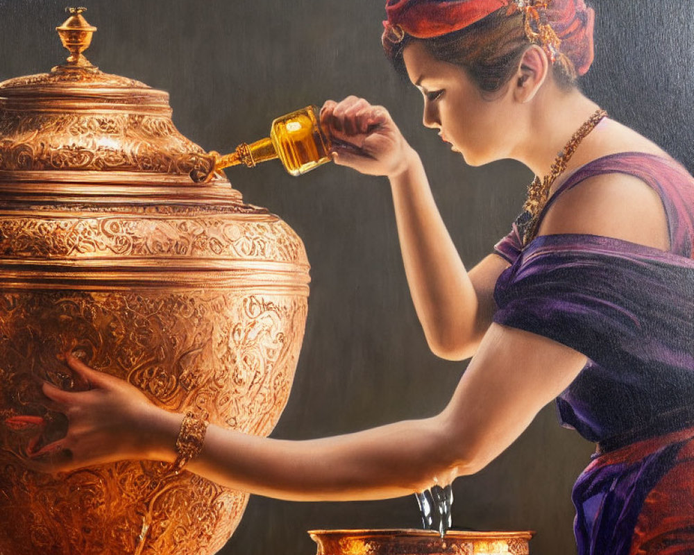 Woman in purple pouring liquid into ornate jar with bowl below