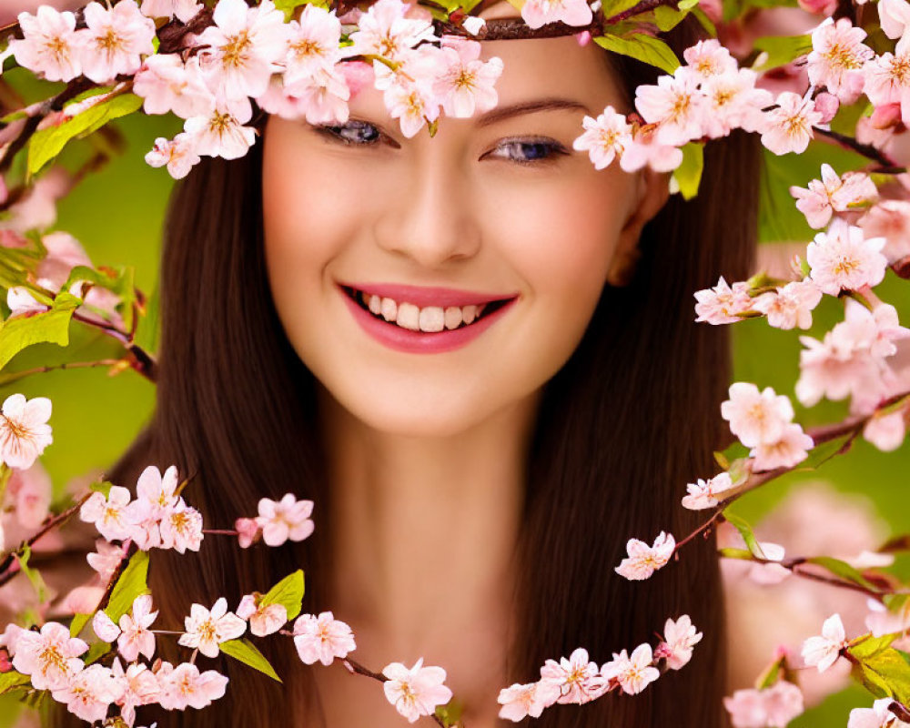 Smiling woman with brown hair among pink cherry blossoms on green background