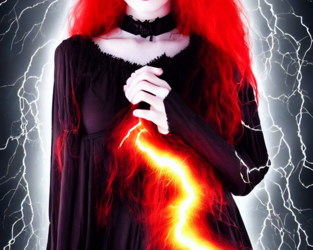 Bright red hair and pale skin in gothic attire against lightning bolt background.