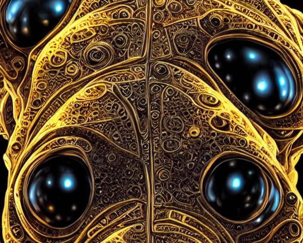 Stylized dog face with golden patterns and black eyes