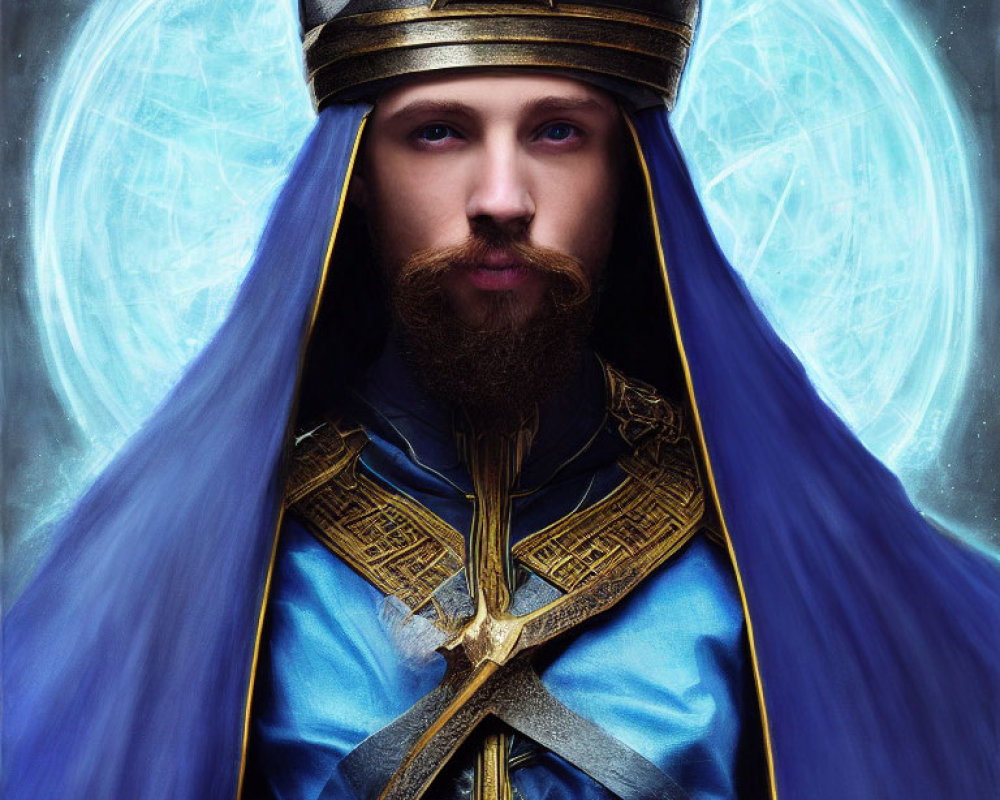 Bearded man in golden crown and blue robes with magical orb.