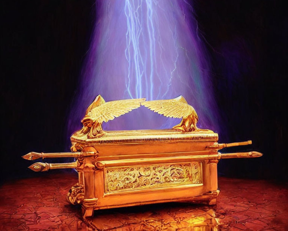 Golden ornate chest with winged embellishments and lightning bolt on dark backdrop