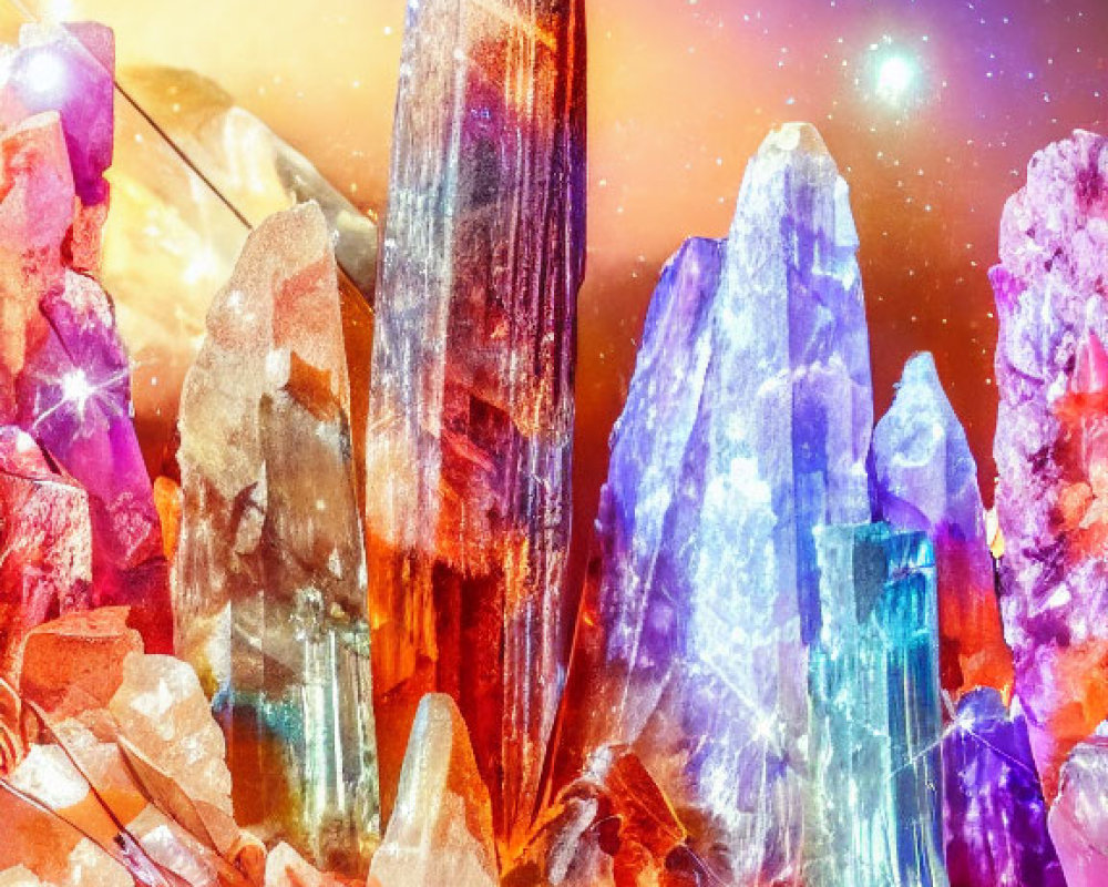 Colorful Crystals on Starry Sky Background in Pink, Purple, and Blue