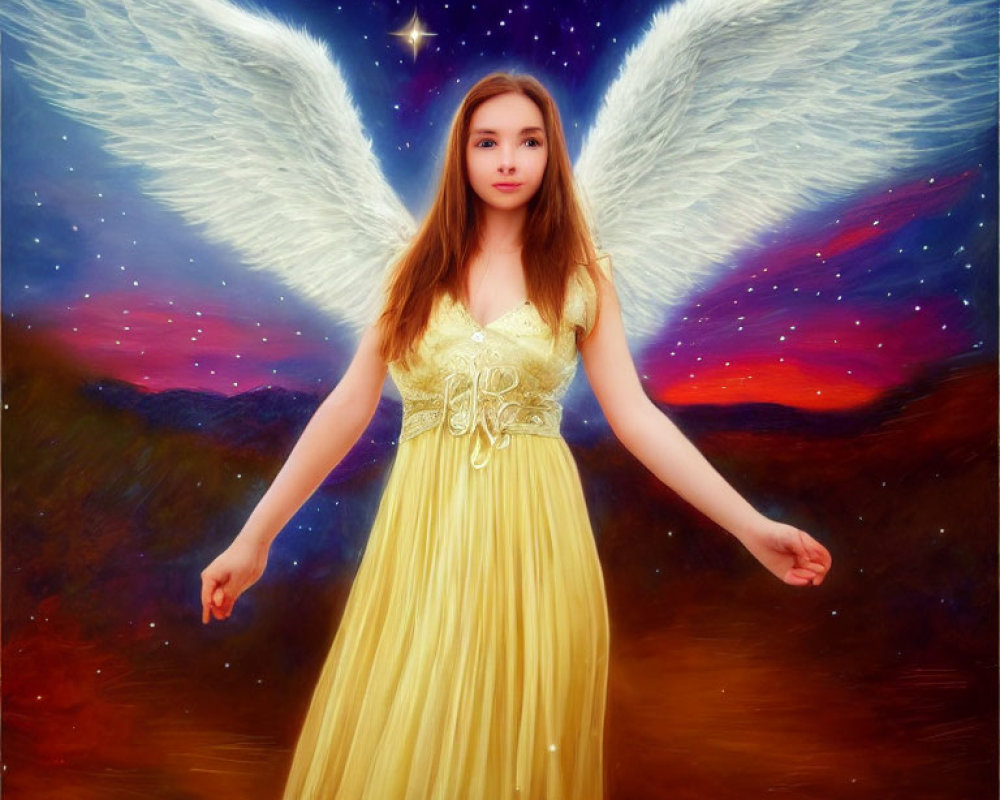 Person with Angel Wings in Yellow Dress Against Starry Sky and Colorful Sunset