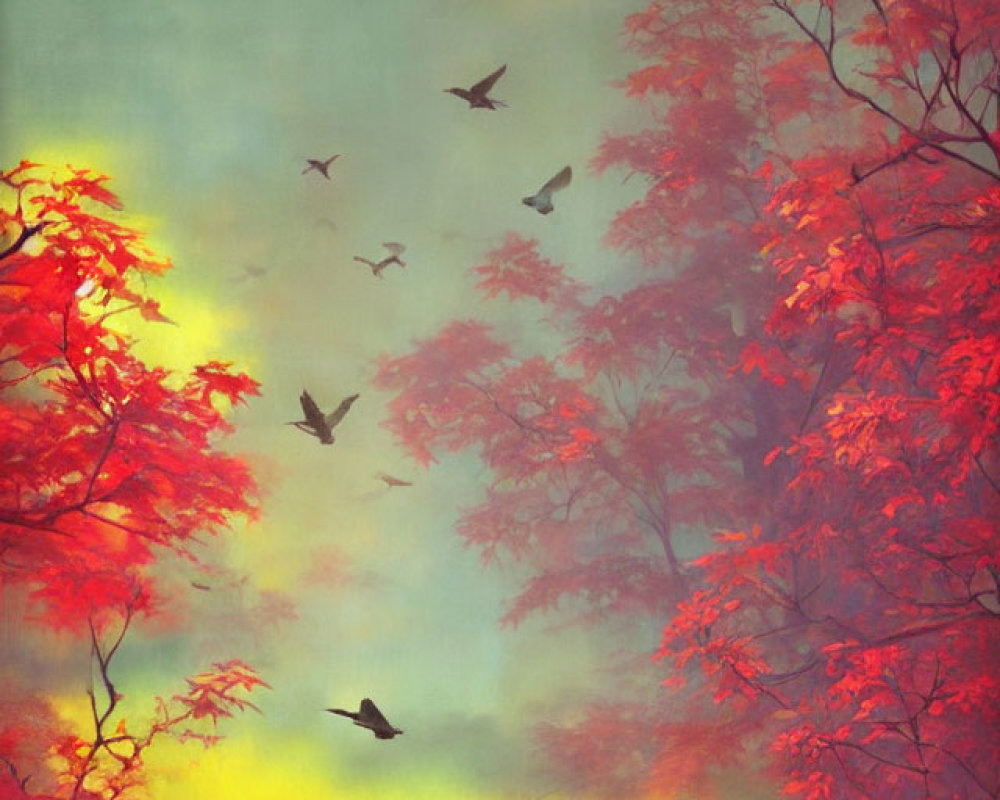 Birds Flying in Silhouette Against Vibrant Red-Orange Foliage