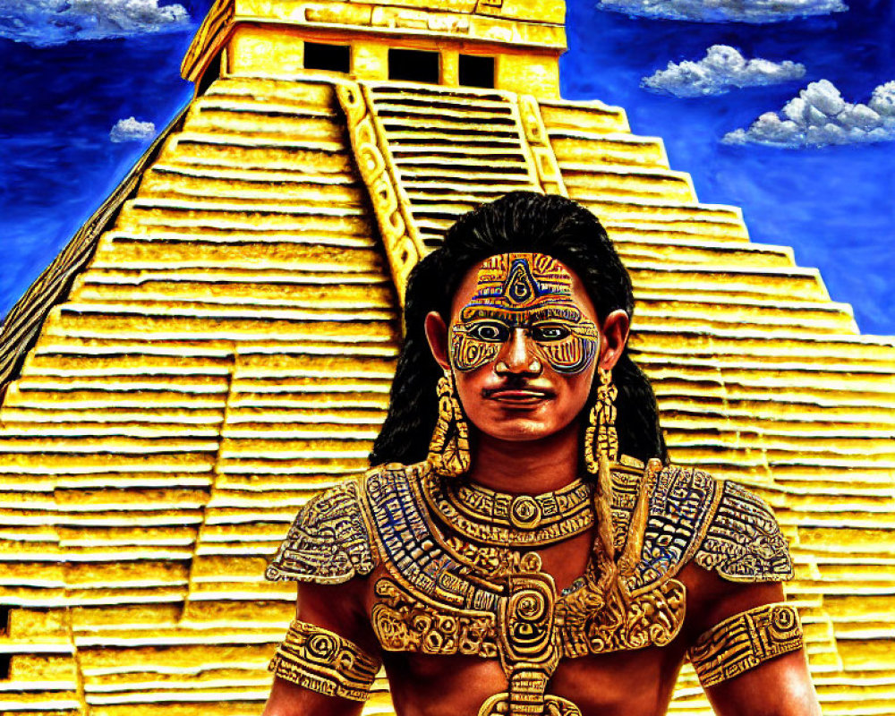 Traditional Mesoamerican attire in front of pyramid under blue sky