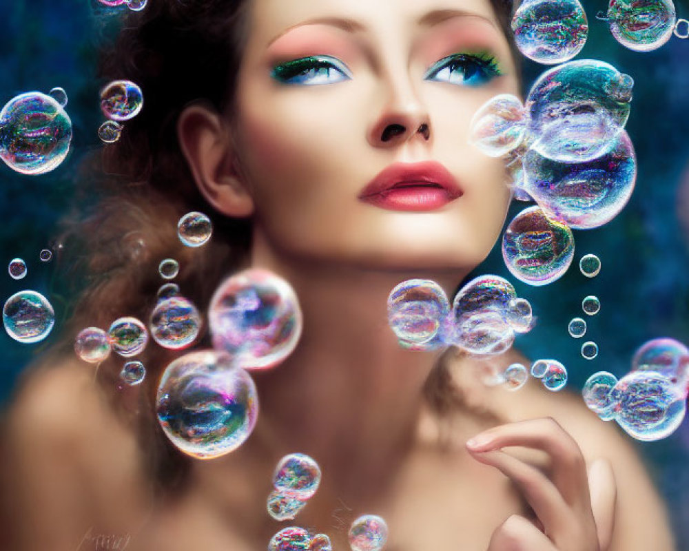 Vibrant makeup woman in pink top surrounded by soap bubbles on blue backdrop