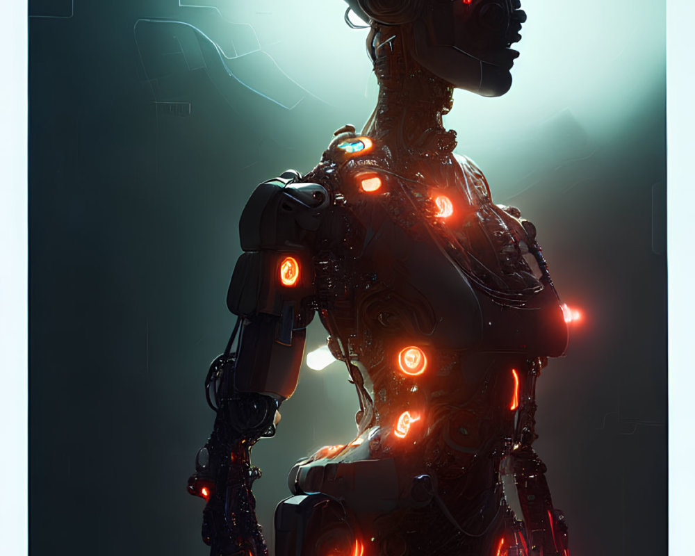 Futuristic humanoid robot with glowing red lights on dark background