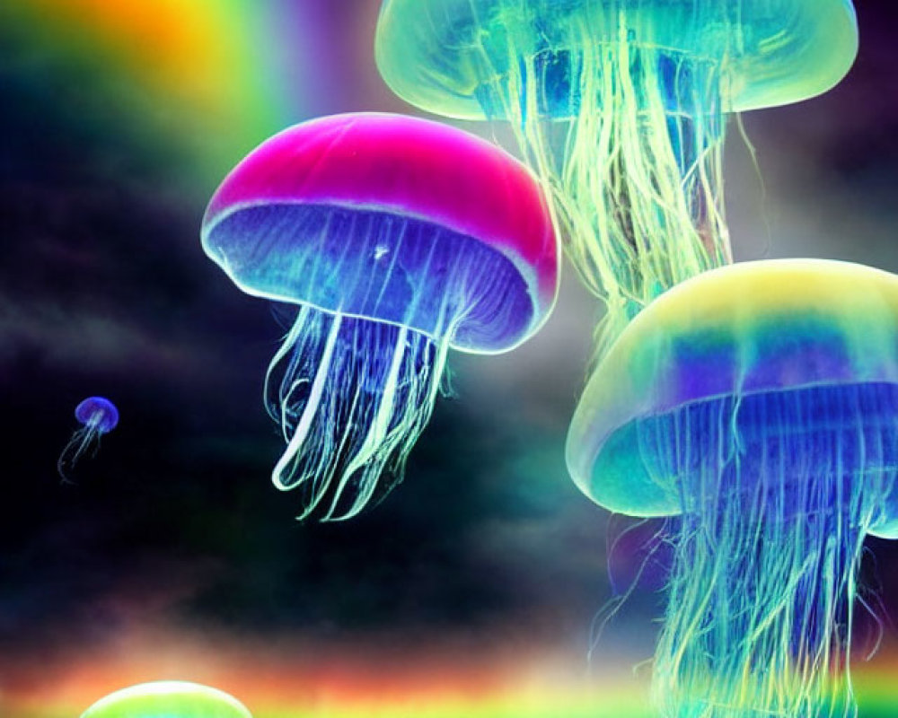 Vibrant jellyfish in front of rainbow background