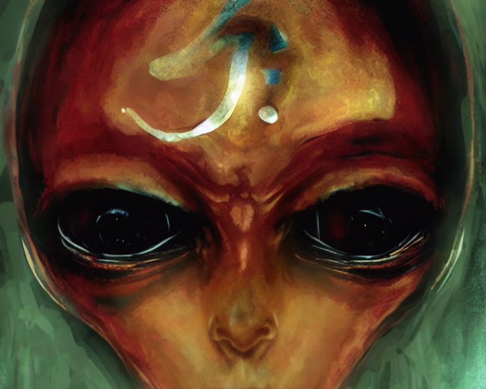 Detailed Close-Up of Alien with Black Eyes, Red Skin, and Forehead Symbol