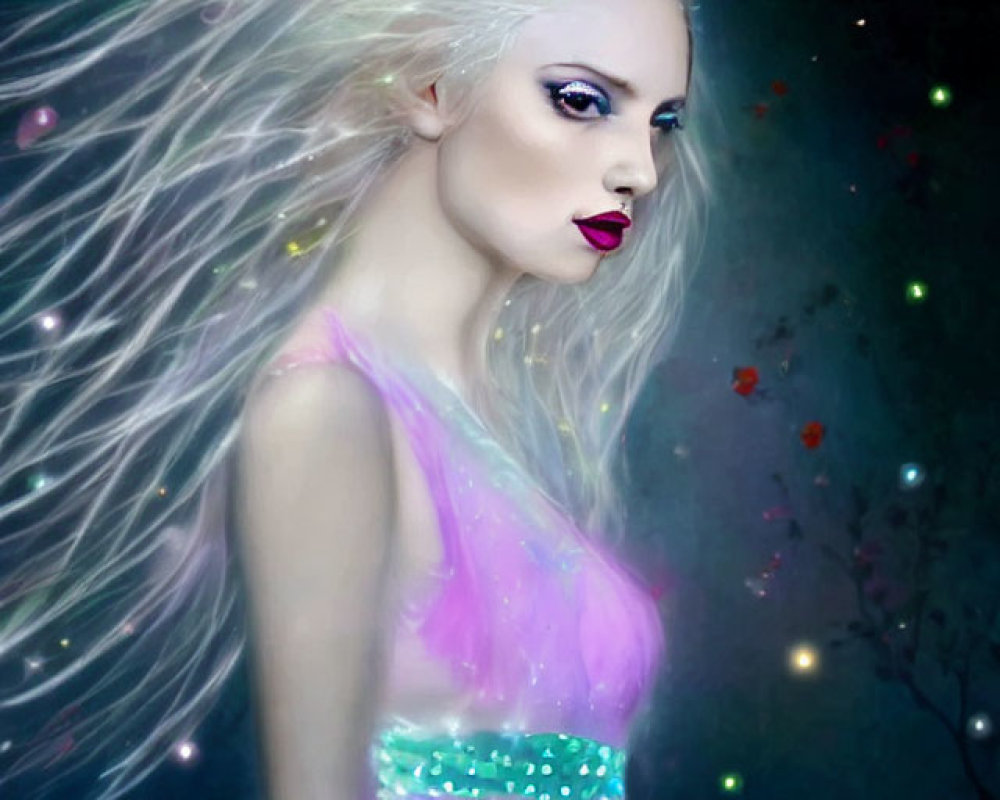 Digital portrait of fair-skinned woman with white hair and makeup, against starry night backdrop.