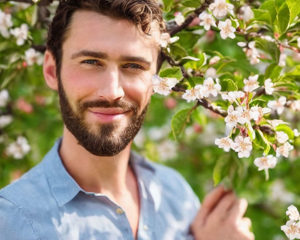 Bearded man smiling in garden with blue shirt