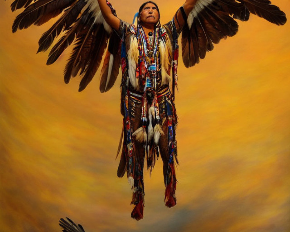 Elaborate Native American regalia with feathered headdress and wings against warm backdrop mimics eagle