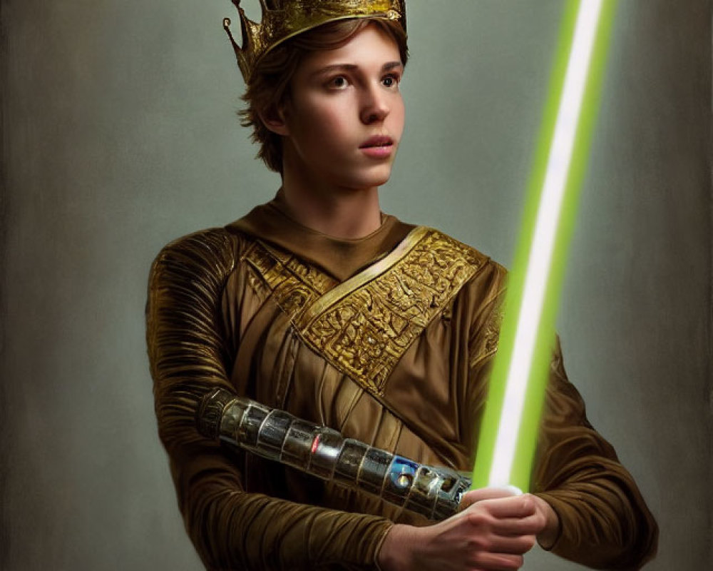 Medieval-themed person with glowing green lightsaber in hand