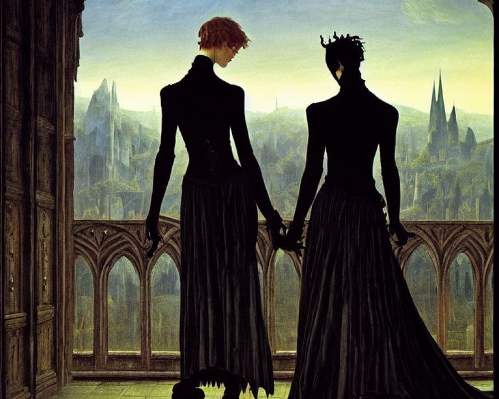 Silhouetted figures in gothic archway gaze at fantasy landscape with twilight sky