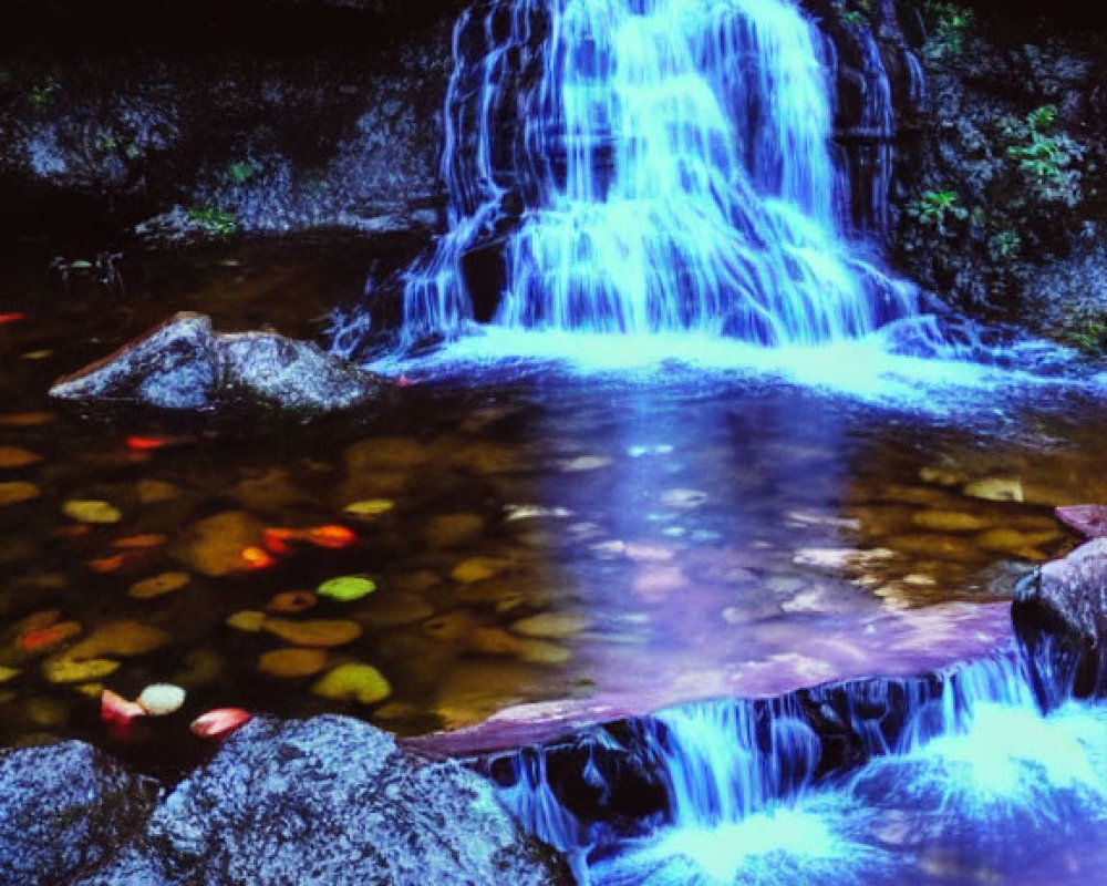 Tranquil waterfall scene with colorful leaves and lush greenery