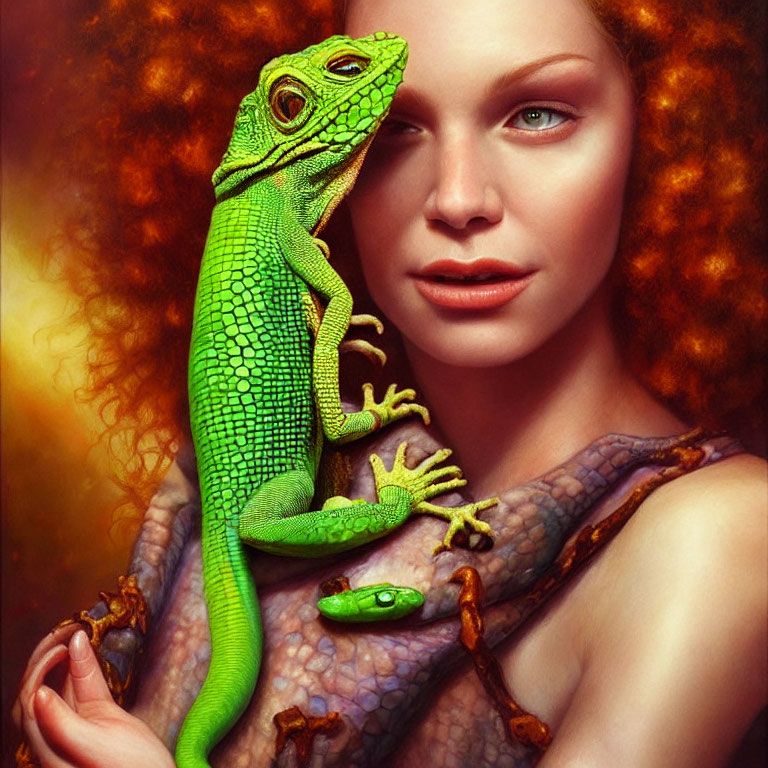 Red-haired woman holding green lizard on warm background