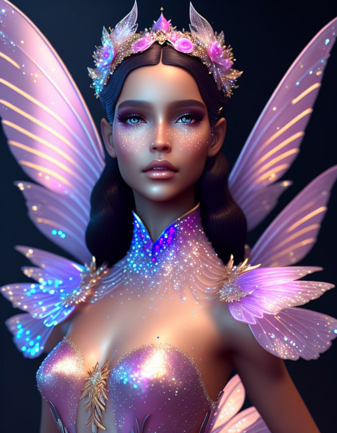 Fantasy illustration: Woman with butterfly wings, crown, magical vibes