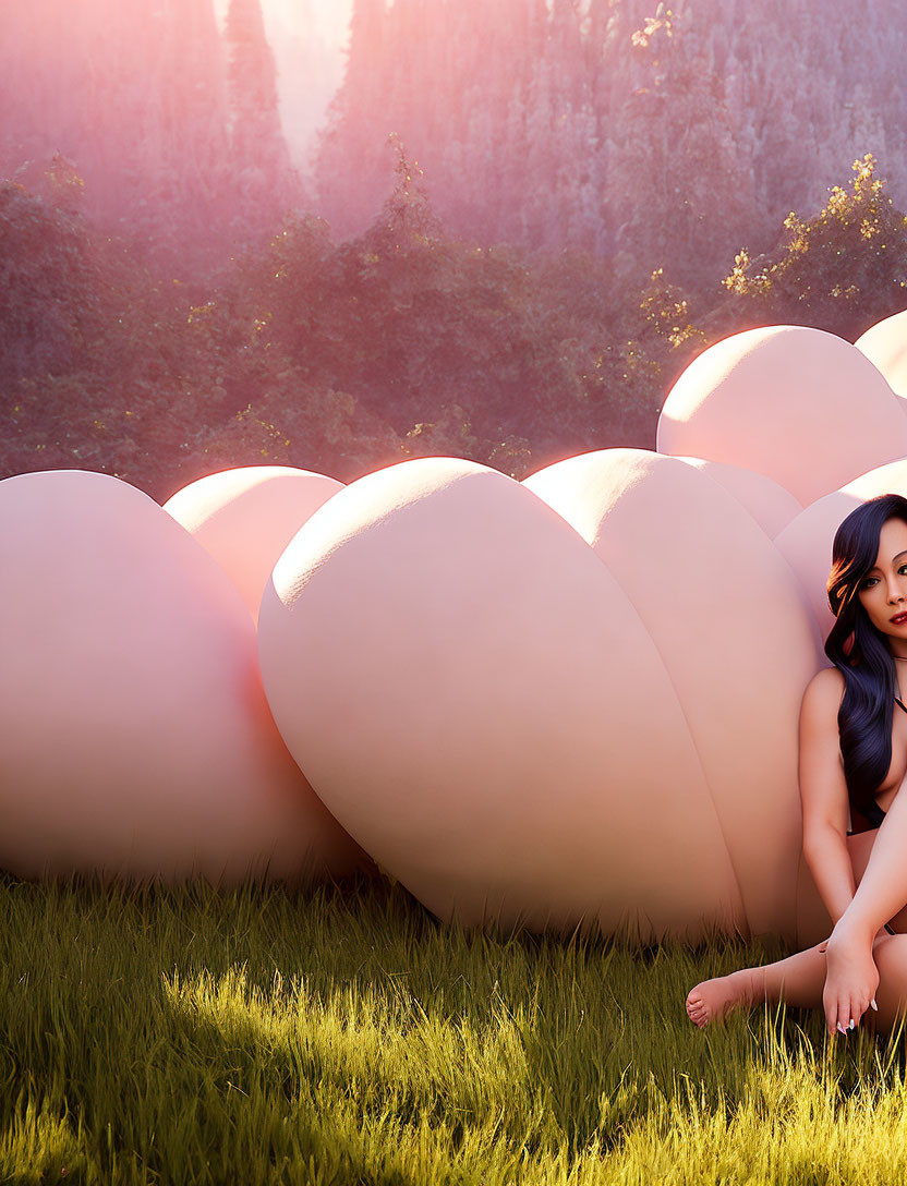 Woman sitting in grassy field with illuminated egg-like objects, misty forest background.