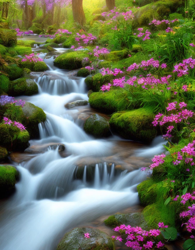 Tranquil forest stream with moss-covered rocks and pink wildflowers