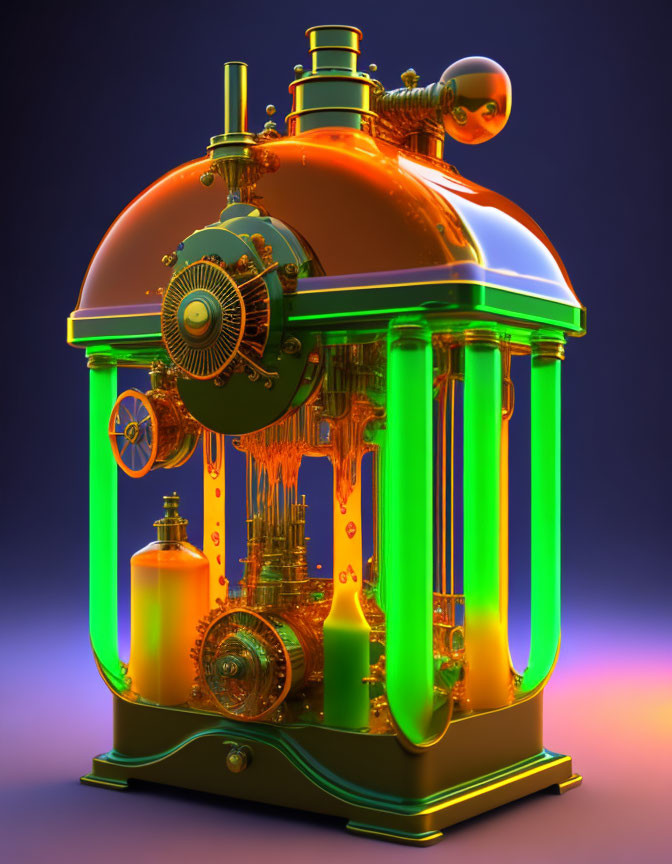 Futuristic machine with green tubes and brass gears