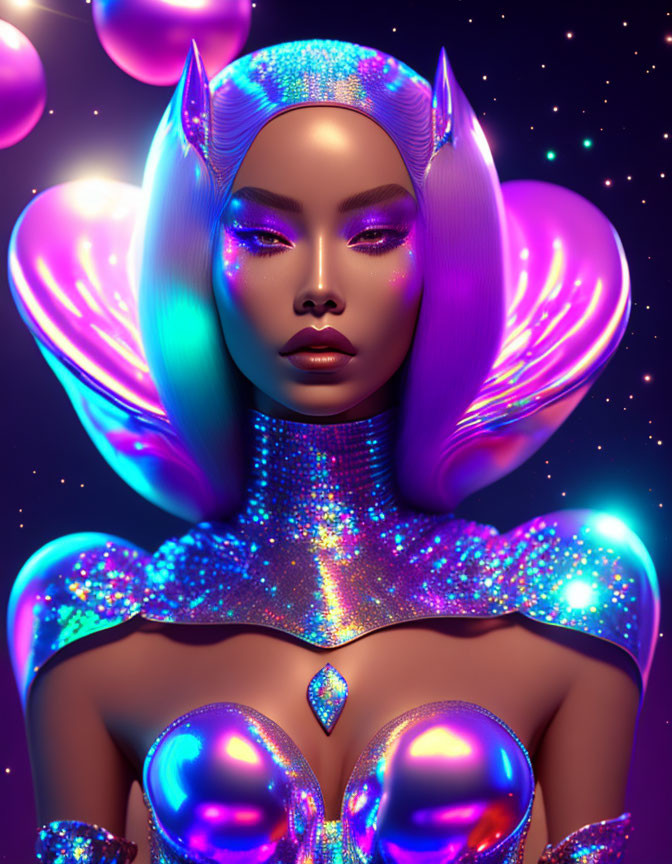 Purple-skinned female figure with glowing horns on starry background