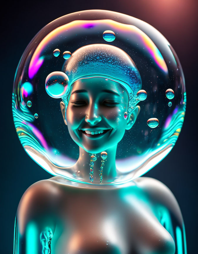 Smiling woman's head in iridescent bubble with smaller bubbles