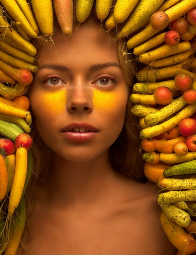 Woman surrounded by vibrant fruits and vegetables in yellow and orange hues.