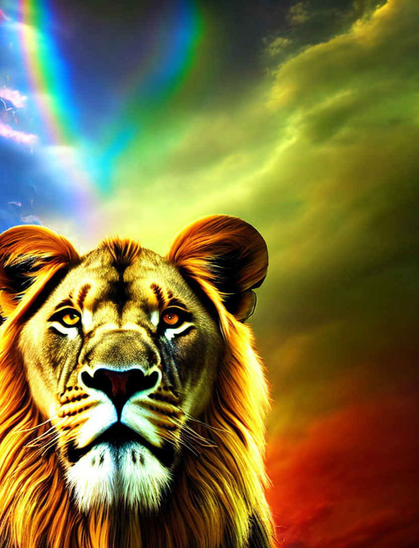 Colorful Lion Portrait Against Rainbow and Dramatic Cloud Formations