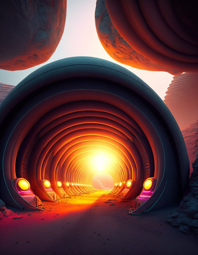 Futuristic tunnel with glowing orange lights and spherical structures in rocky terrain